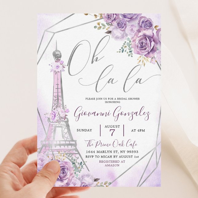 Silver Purple Paris Oh La La Bridal Shower Invitation (Creator Uploaded)