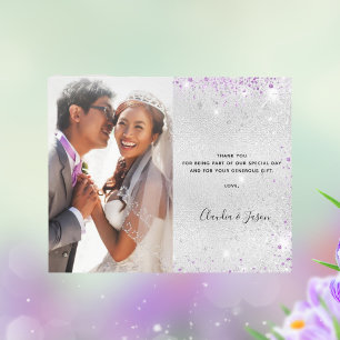 Silver purple photo wedding thank you card