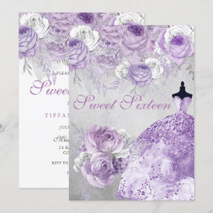 Silver Purple Rose Glitter Gown Sweet 16 Invite