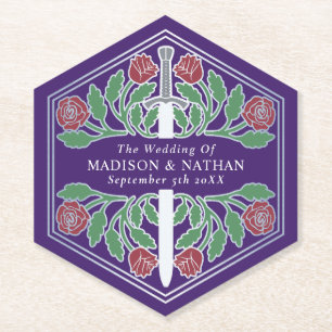 Silver Purple Royal Mediaeval Floral Sword Wedding Paper Coaster