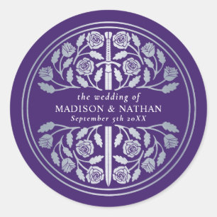 Silver Purple Royal Mediaeval Sword Wedding  Classic Round Sticker