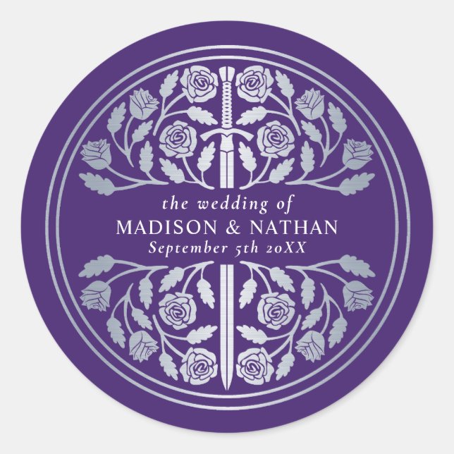 Silver Purple Royal Mediaeval Sword Wedding  Classic Round Sticker (Front)