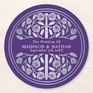 Silver Purple Royal Mediaeval Sword Wedding Round Paper Coaster