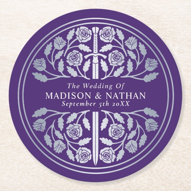 Silver Purple Royal Mediaeval Sword Wedding Round Paper Coaster (Front)