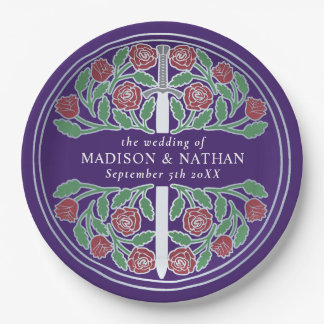 Silver Purple Royal Medieval Floral Sword Wedding  Paper Plate
