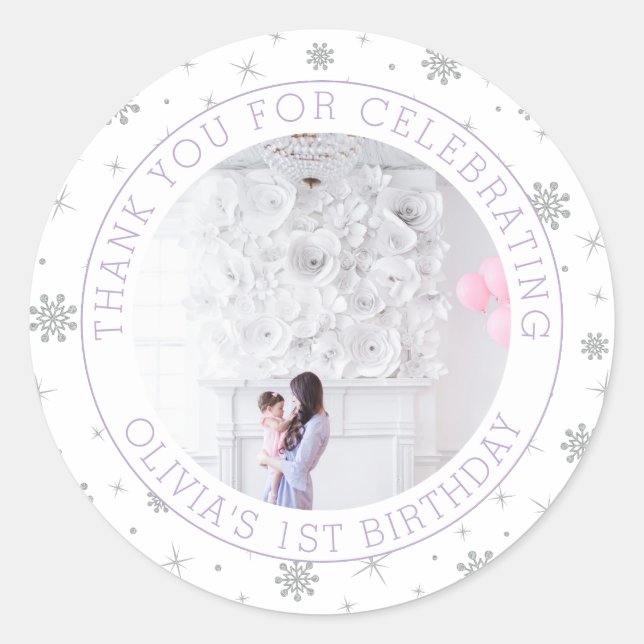 Silver & Purple Snowflake 1st Birthday Party Photo Classic Round Sticker (Front)
