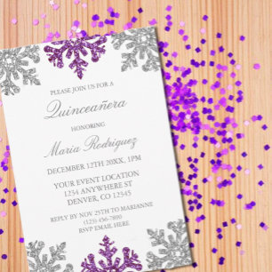 Silver Purple Snowflake Winter Quinceanera Invitation