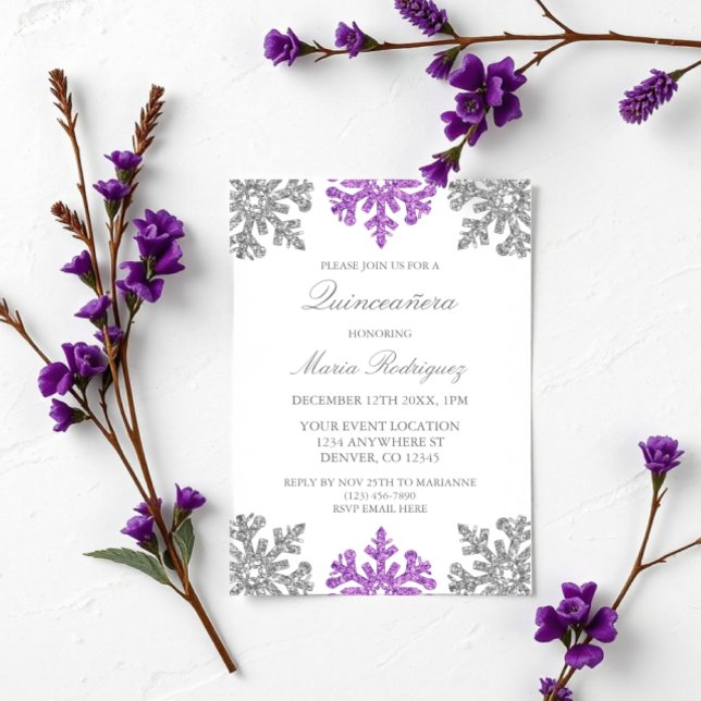 Silver Purple Snowflake Winter Quinceanera Invitation (Creator Uploaded)