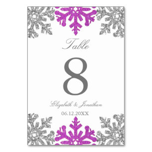 Silver Purple Snowflake Winter Wedding Table Number