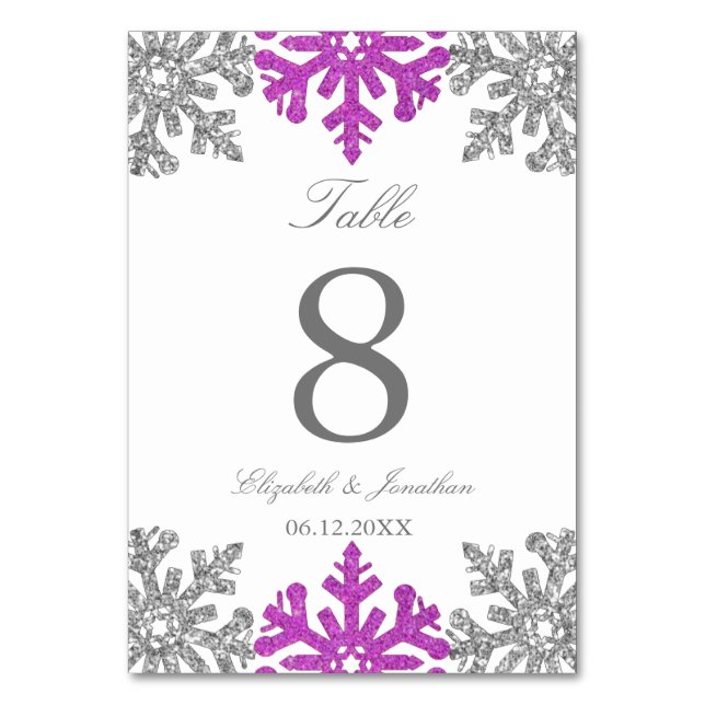 Silver Purple Snowflake Winter Wedding Table Number (Front)
