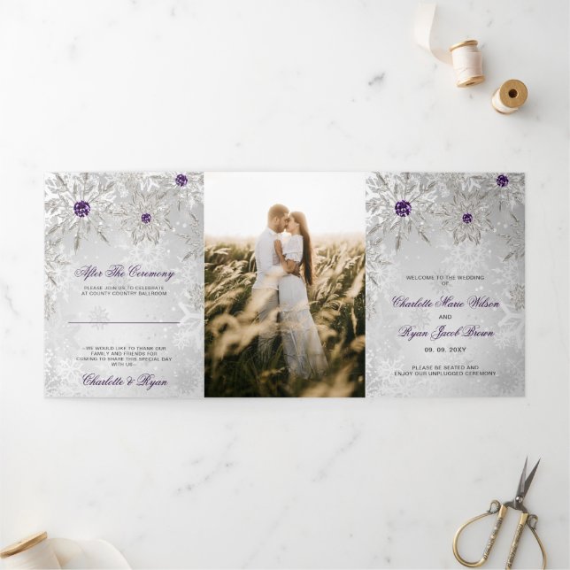 Silver Purple Snowflake Winter Wedding Tri-Fold Programme (Outside)