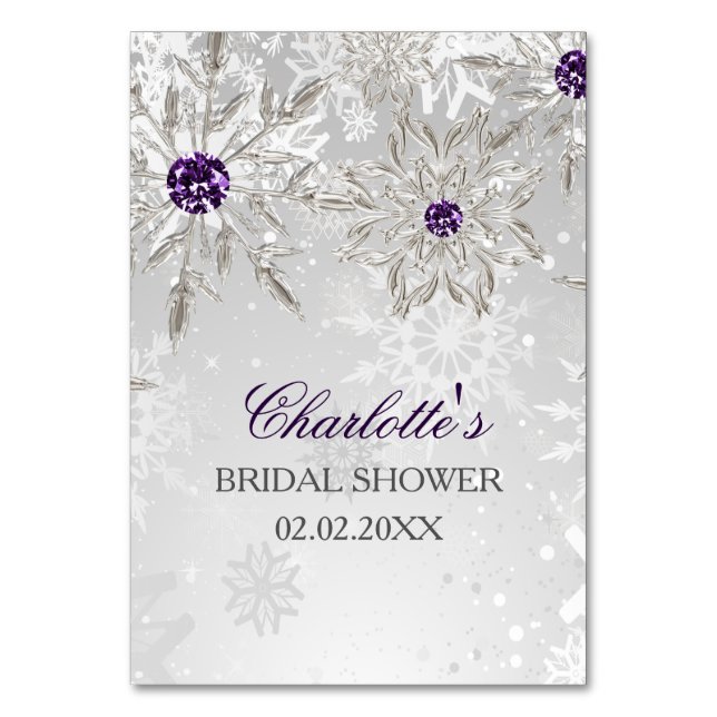 silver purple snowflakes bridal shower bingo cards (Front)