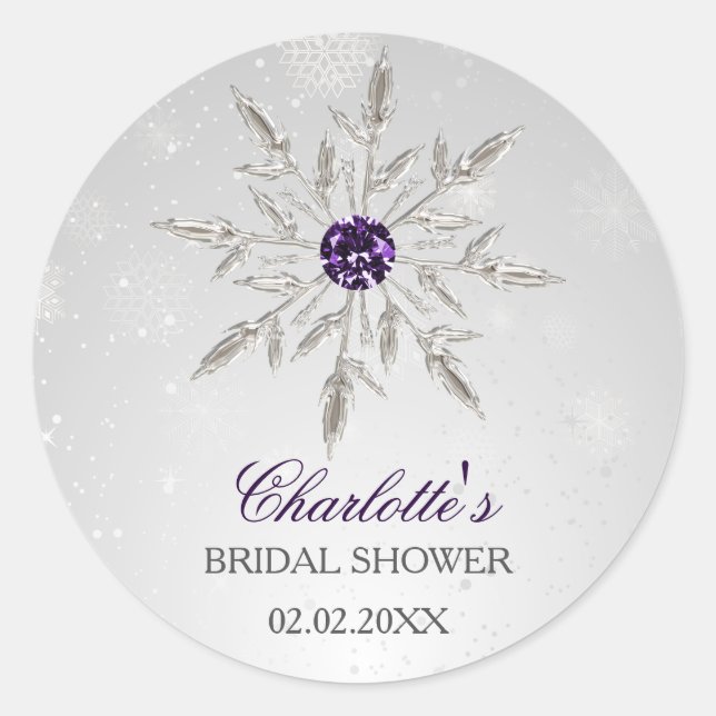 silver purple snowflakes bridal shower stickers (Front)
