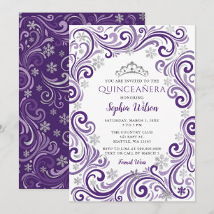Silver Purple Snowflakes Tiara Quinceañera Invitation