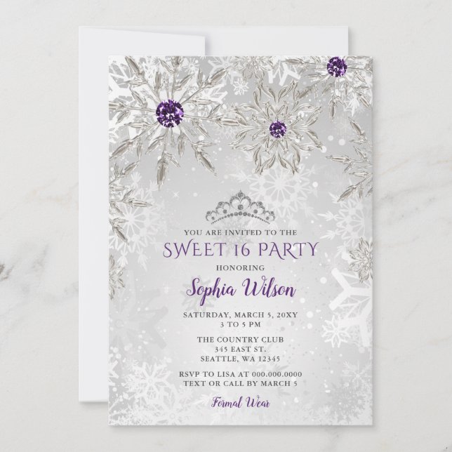 Silver Purple Snowflakes Tiara Sweet 16   Invitation (Front)
