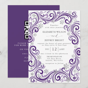 Silver Purple Snowflakes Winter QR Code Wedding Invitation