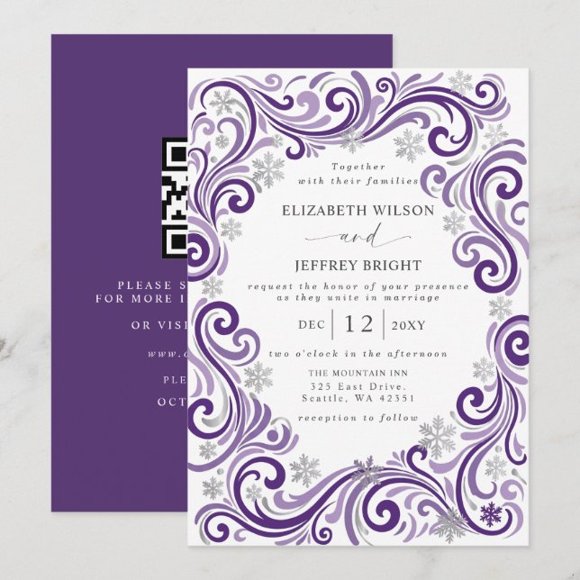 Silver Purple Snowflakes Winter QR Code Wedding Invitation (Front/Back)