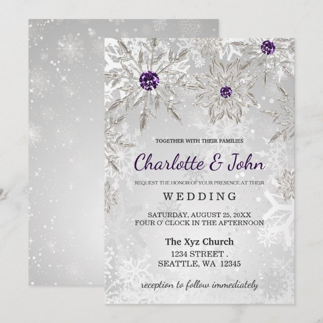 silver purple snowflakes winter wedding invitation (Front/Back)