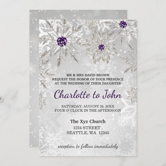 silver purple snowflakes winter wedding invitation (Front/Back)