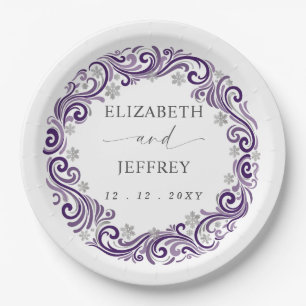 Silver Purple Snowflakes Winter Wedding Paper Plate