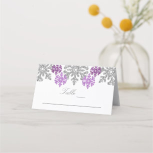 Silver Purple Snowflakes Winter Wedding Place Card