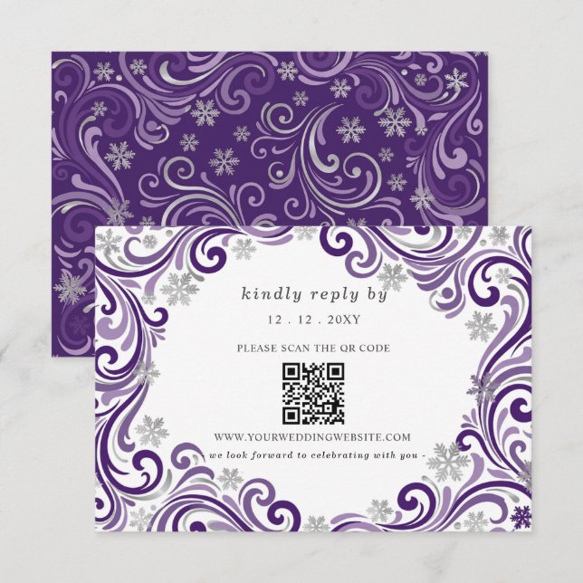 Silver Purple Snowflakes Winter Wedding QR Code RSVP Card (Front/Back)