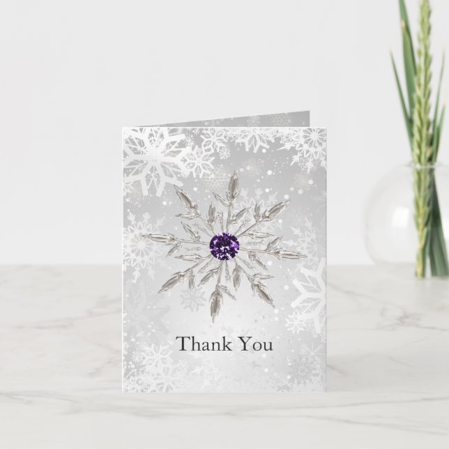silver purple snowflakes winter wedding Thank You Card (Front)