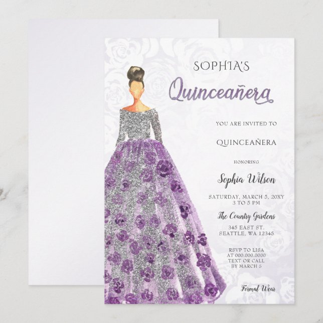 Silver Purple Sparkle Dress Quinceanera Invitation (Front/Back)