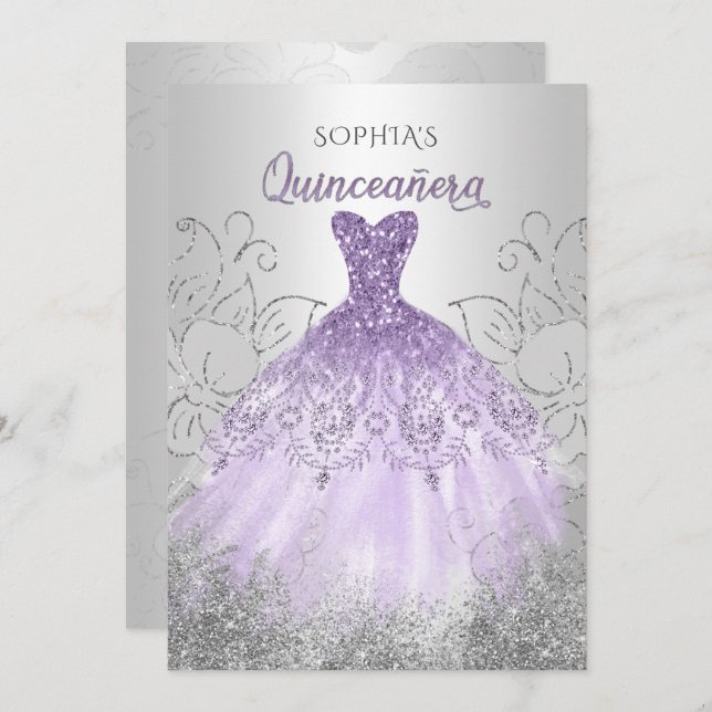 Silver Purple Sparkle Dress Quinceañera Quince Invitation (Front/Back)