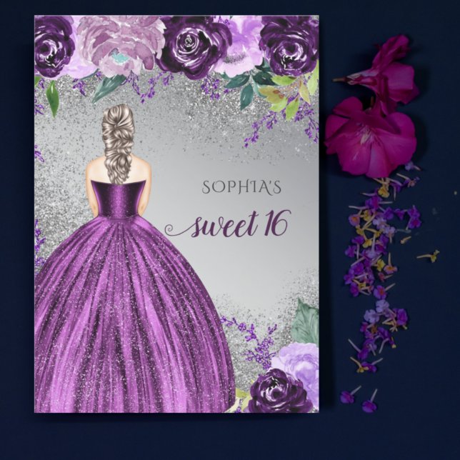 Silver Purple Sparkle Dress Sweet 16 birthday Invi Invitation (Creator Uploaded)