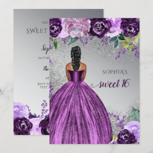 Silver Purple Sparkle Dress Sweet 16 birthday Invi Invitation