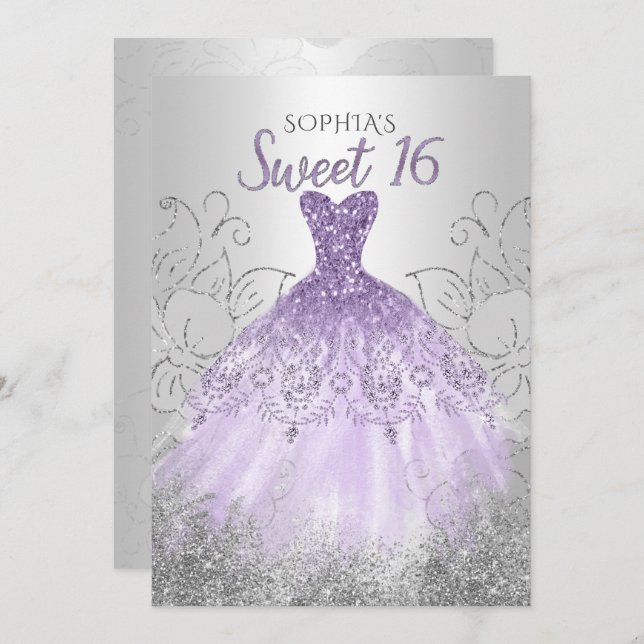 Silver Purple Sparkle Dress Sweet 16 birthday Invitation (Front/Back)