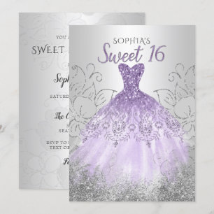Silver Purple Sparkle Dress Sweet 16 birthday Invitation