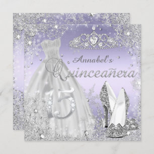 Silver & Purple Sparkle Dress & Tiara Quinceanera Invitation