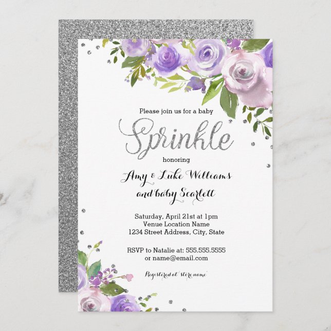 Silver Purple Sparkle Floral Sprinkle Baby Shower Invitation (Front/Back)