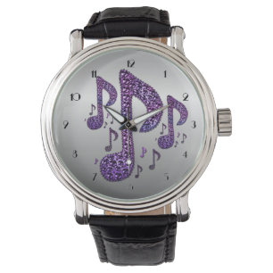 Silver Purple Sparkle Music Notes Wrist Watch
