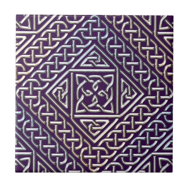 Silver Purple Square Shapes Celtic Knots Pattern Ceramic Tile (Front)