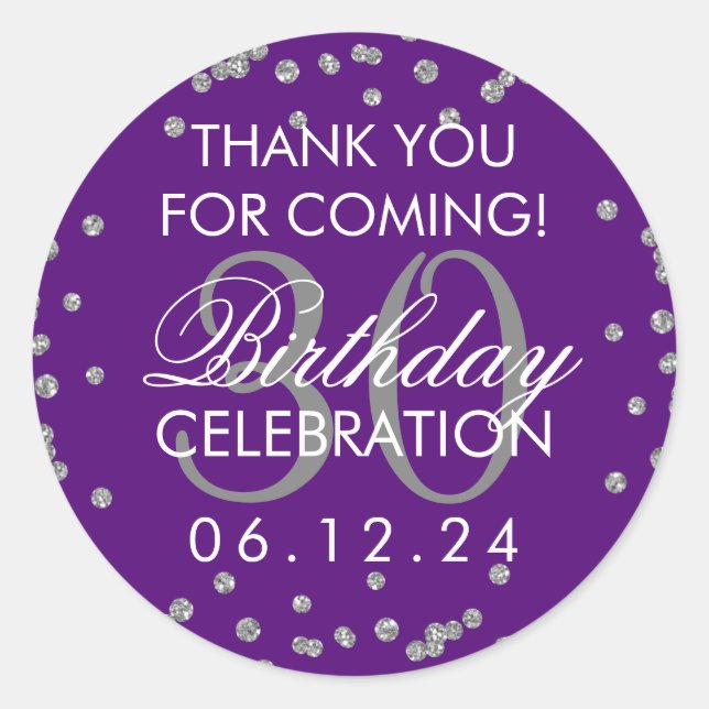 Silver Purple Thank You 30th Birthday Confetti Classic Round Sticker (Front)