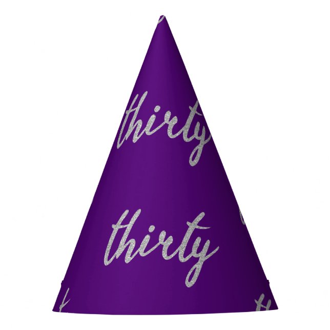 Silver Purple "Thirty" 30 Birthday Party Glitter Party Hat (Front)