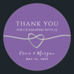 Silver Purple Wedding Thank You Classic Round Sticker<br><div class="desc">Simple,  elegant,  minimalist,  purple wedding thank you sticker,  with silver rope heart.</div>
