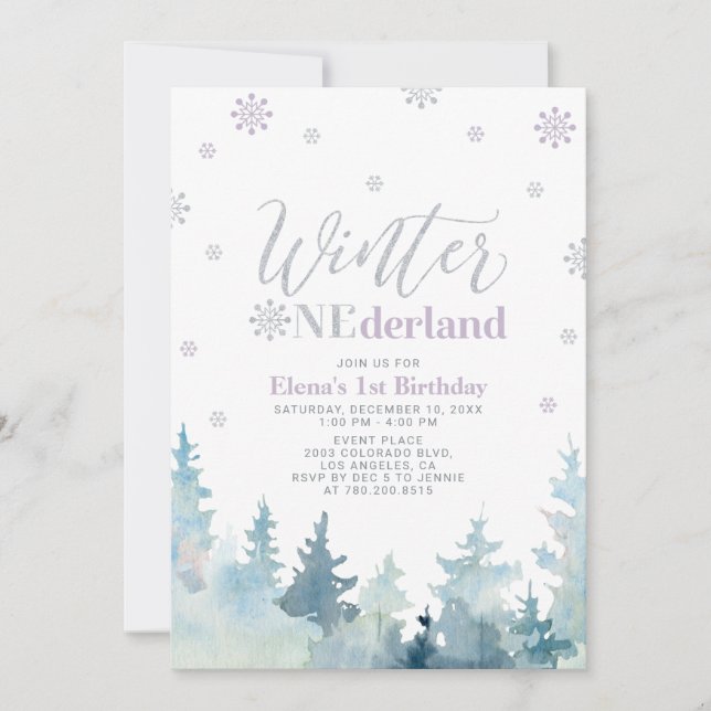 Silver & Purple Winter onederland 1st birthday Invitation (Front)
