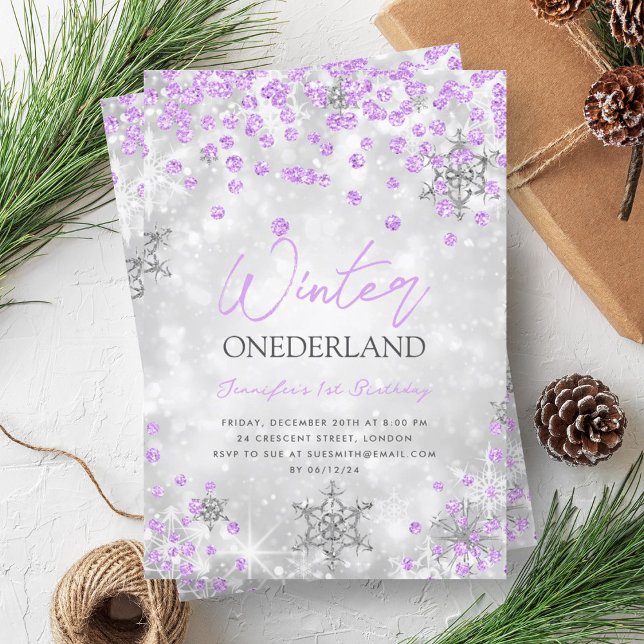 Silver Purple Winter ONEDERLAND 1st Birthday Invitation (Silver Purple Winter ONEDERLAND 1st Birthday Invitation)