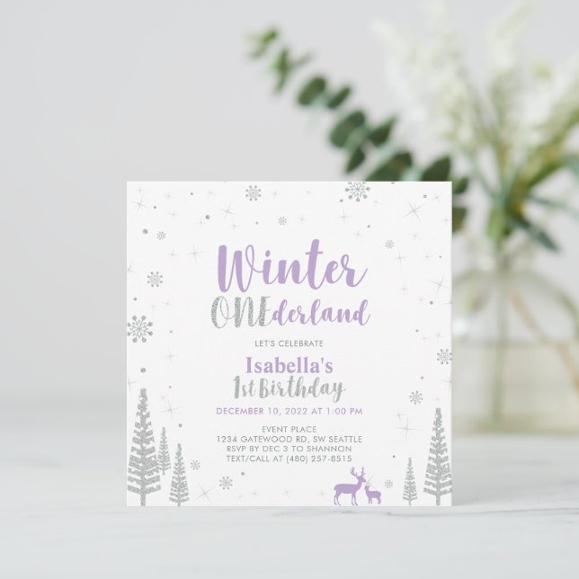 Silver Purple Winter Onederland 1st First Birthday Invitation (Standing Front)