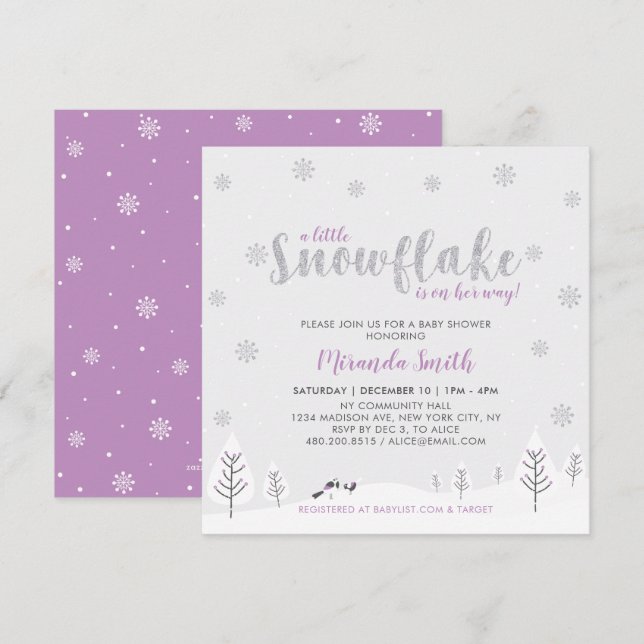 Silver & Purple Winter Wonderland Girl Baby Shower Invitation (Front/Back)