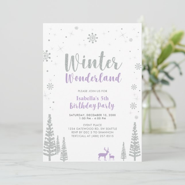 Silver & Purple Winter Wonderland Girl Birthday Invitation (Standing Front)