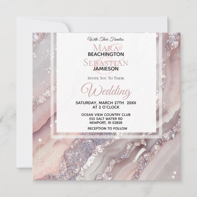 *~*  Silver QR BLUSH PINK AGATE AR66 RSVP Wedding Invitation (Front)