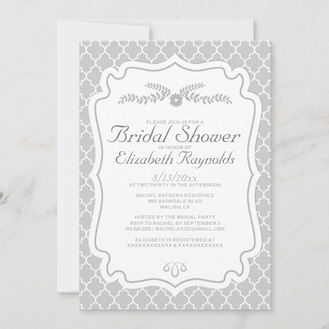 Silver Quatrefoil Bridal Shower Invitations (Front)
