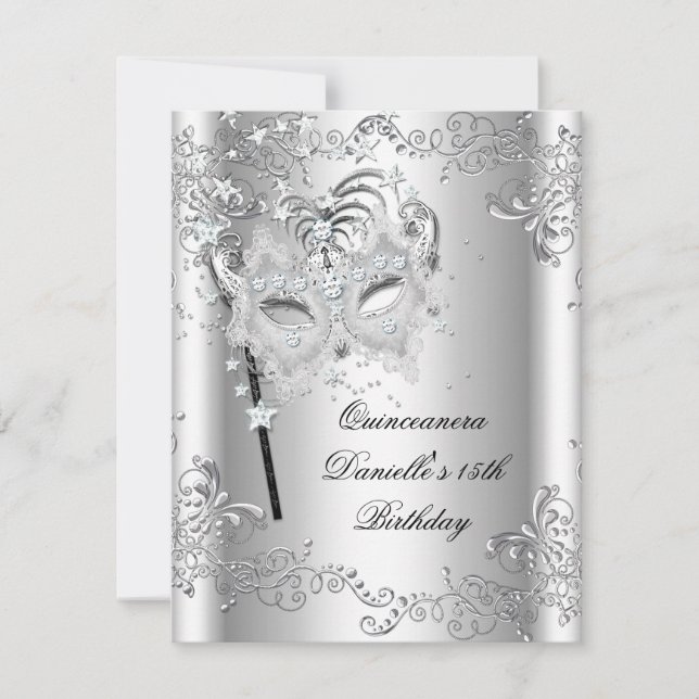Silver Quinceanera 15th Birthday Masquerade Invitation (Front)