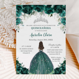 Silver Quinceañera Emerald Green Floral Princess  Invitation