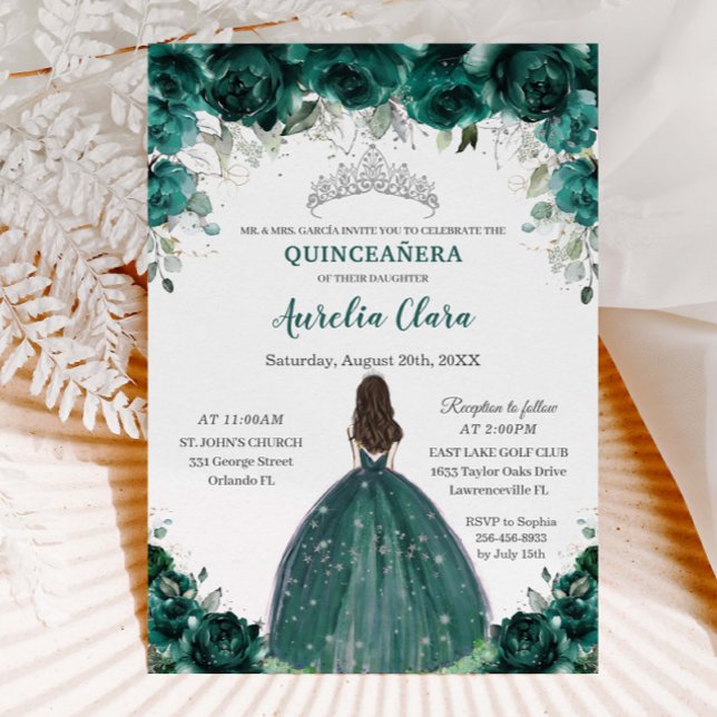 Silver Quinceañera Emerald Green Floral Princess  Invitation (Creator Uploaded)